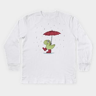 T-rex enjoying the rain Kids Long Sleeve T-Shirt